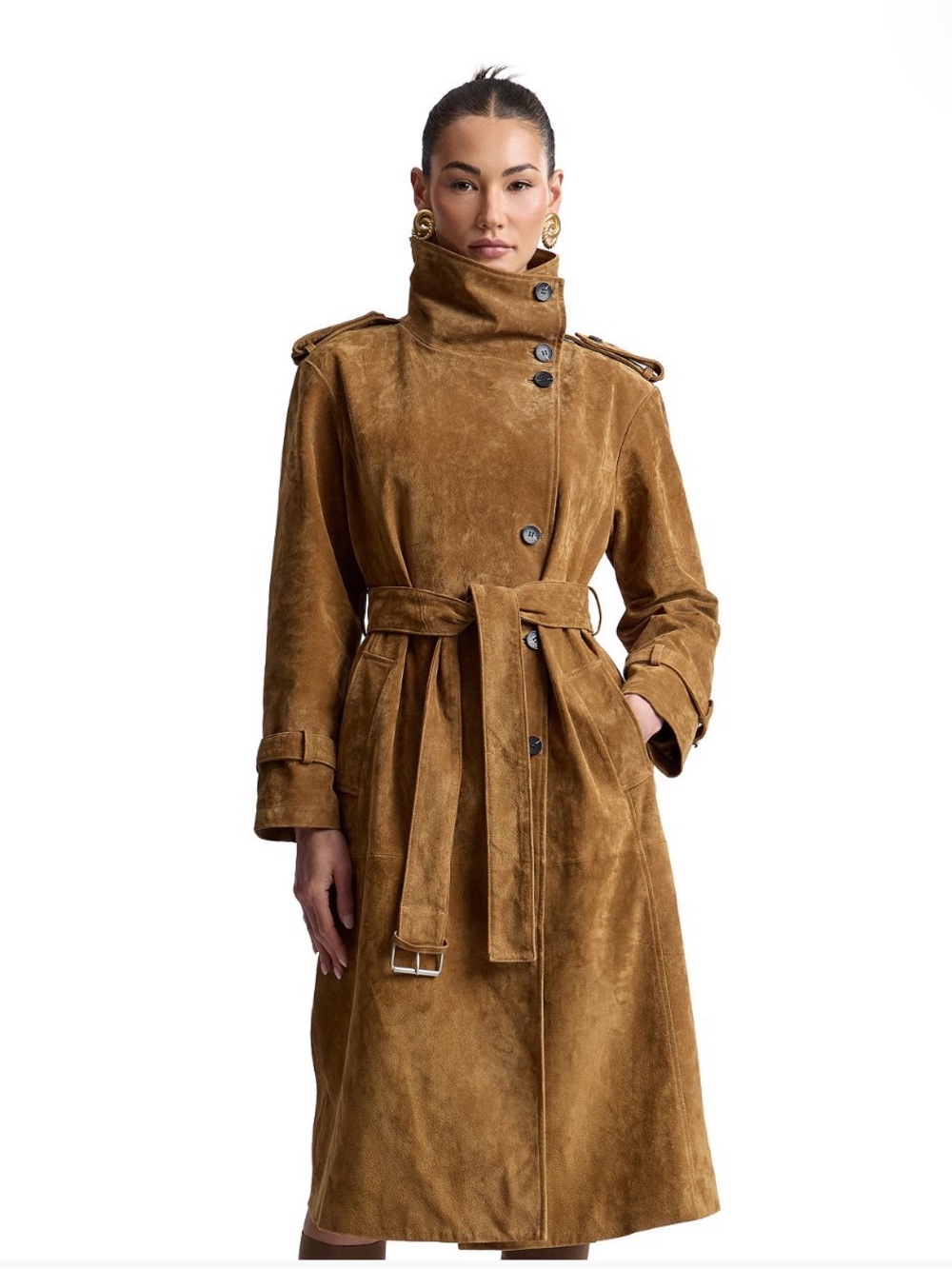 Avec Les Filles Genuine Leather Suede Funnel Neck Oversized Trench Coat L NWT